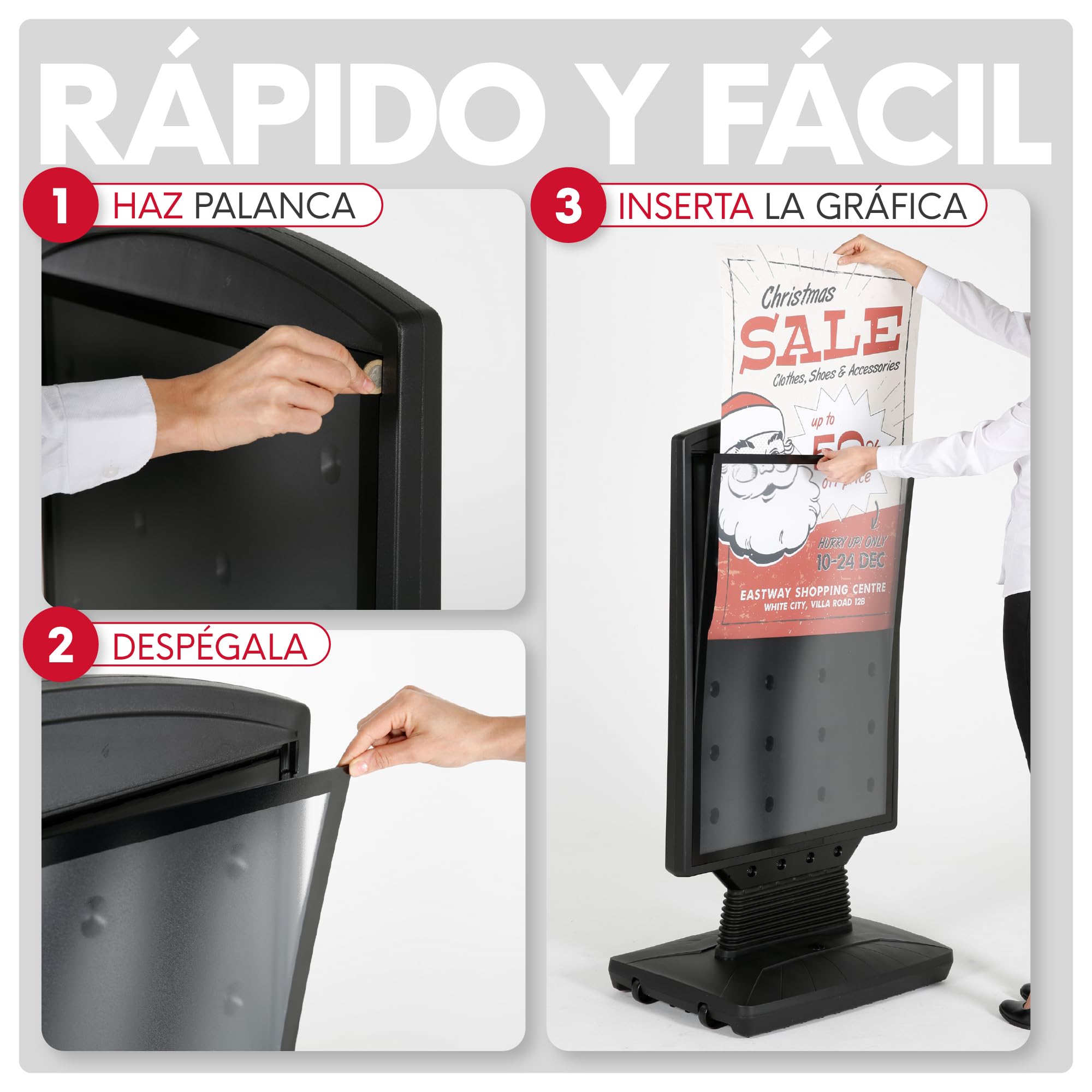 Caballete Publicitario Exterior Dortmund | Expositor Doble Cara Tamaño A1 con Base Rellenable y Ruedas | Soporte para Carteles Resistente al Viento y Agua | Con Protector UV
