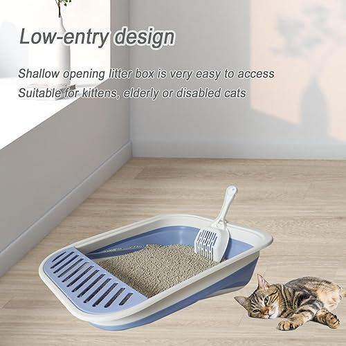 Miniatura 3 de Caja de arena plegable para gatos, bandeja abierta para gatitos con cuchara, inodoro para gatos con pedal de arena que cae, entrada baja, plegable,