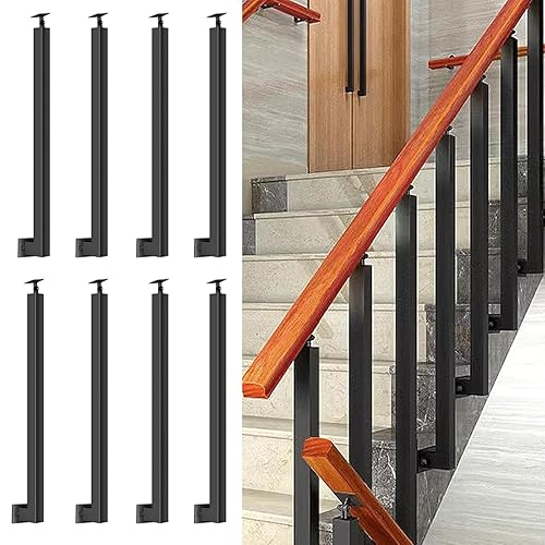 Miniatura 26 de 42/40/38/36/34in Square Stair Baluster Posts- 270° Adjustable Metal Railing Spindles with Flat Bracket Base and Screws Kits; Iron Posts are Suitable
