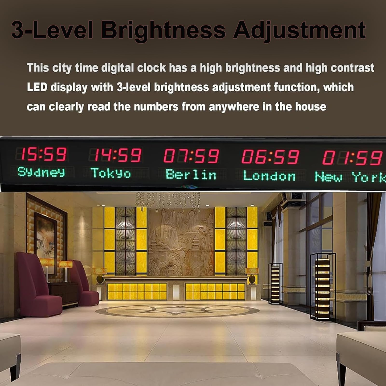 World Time Clock - Orologio da parete a LED, luminosità regolabile, multi fuso orario, in lega di alluminio, per uffici aziendali e alberghi