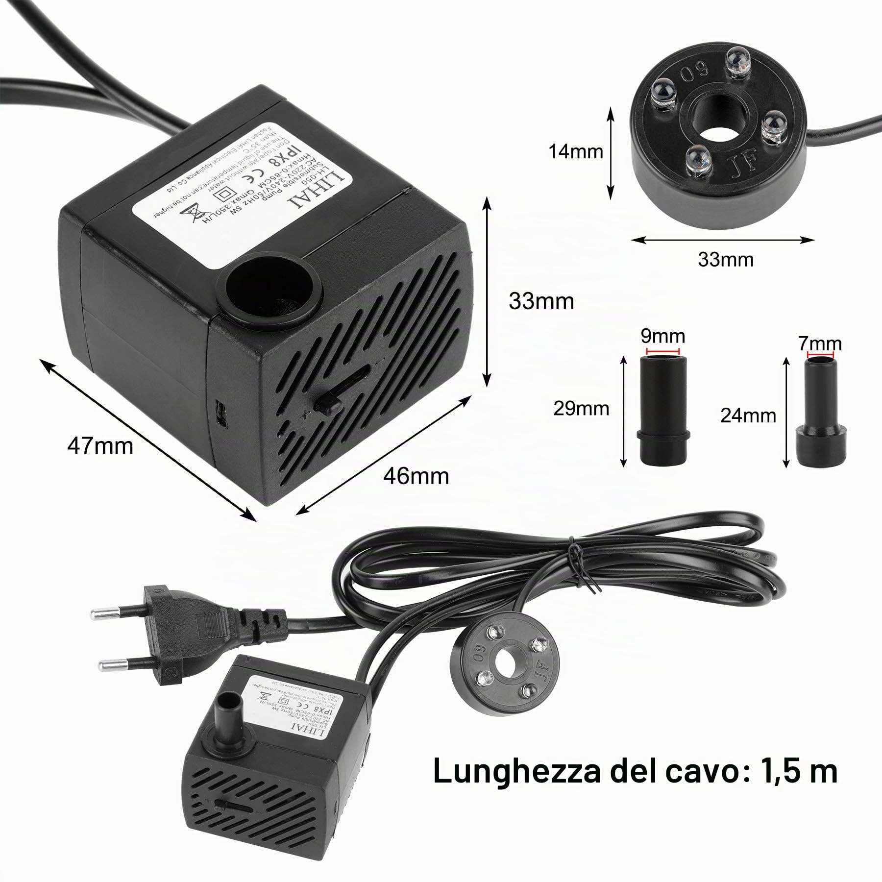 Forever Speed pompa per acquario 5W, Mini Fontana con 4 luci LED Color, acqua Sommergibile 0,85m, 350l/h