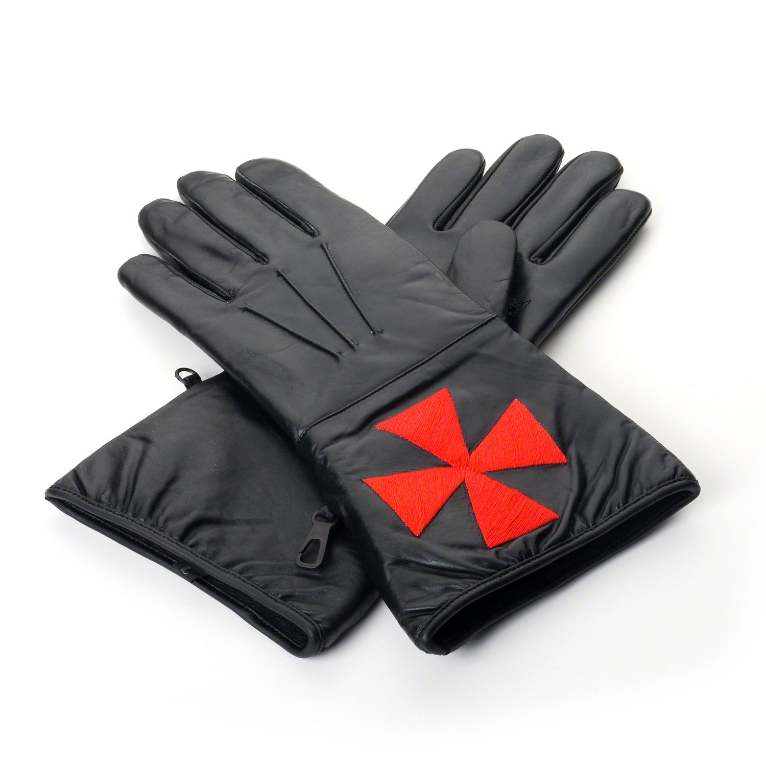 The Masonic Collection Men's Black - Knights Templar Leather Gauntlets - Comes With Red Cross Symbol - Freemason Gifts For