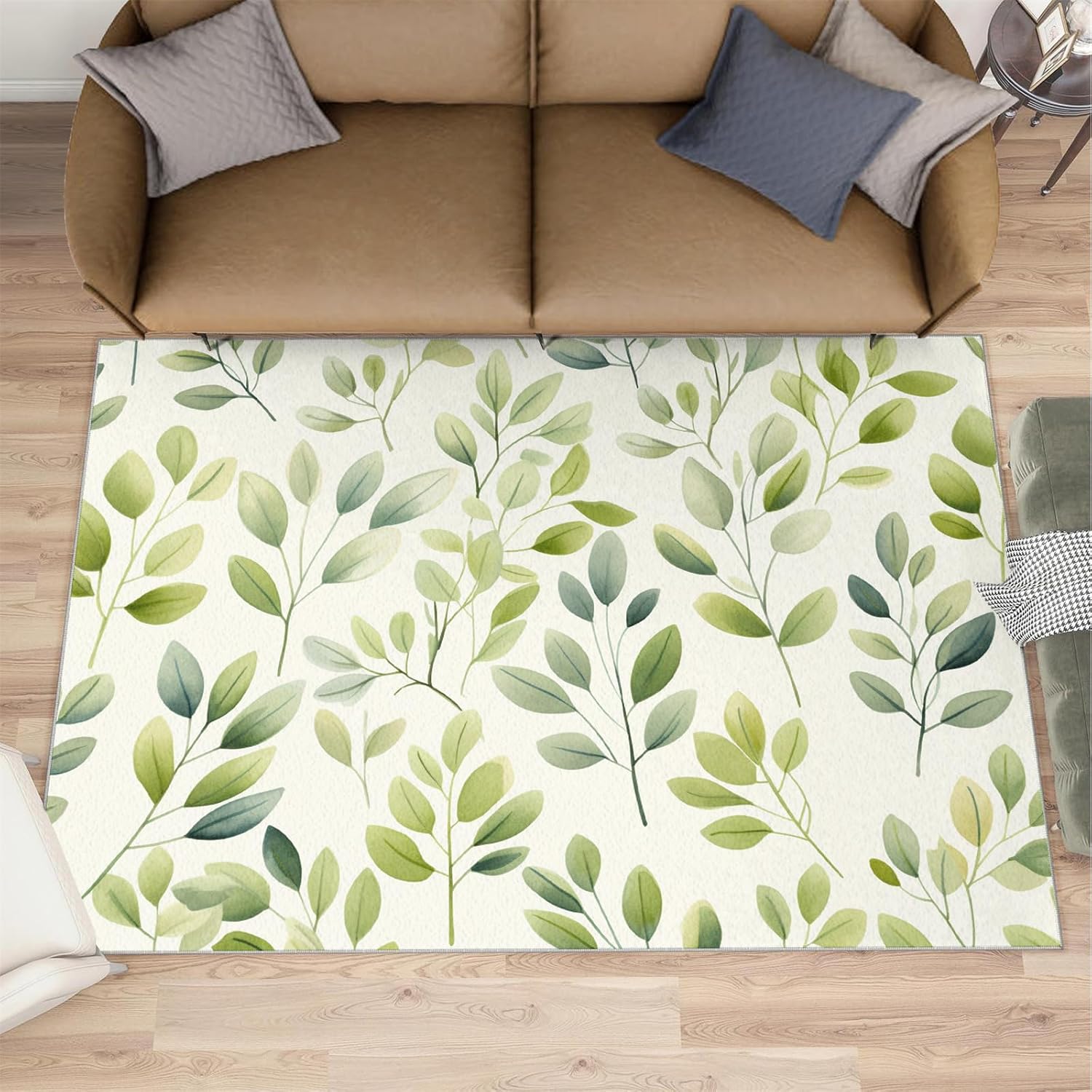 Simple Leaves Area Rugs 4x5 - Minimalist Plants Rug for Entryway, Green Leaves Washable Entry Way Rugs Kids Carpet for Inside House Playroom Living Room End Table Nursery