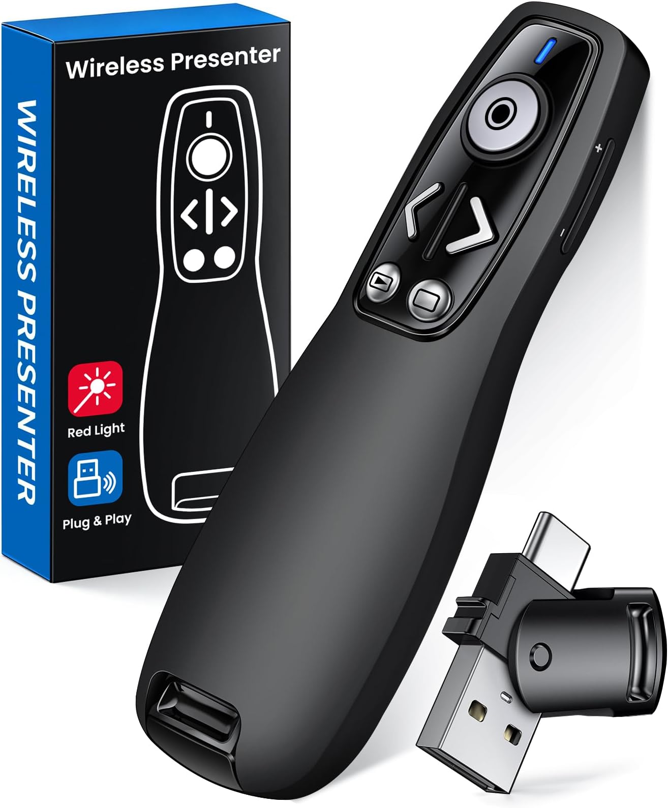 ELISWEEN 2-in-1 USB Type C Wireless Presenter Remote with Volume Control - Slide Advancer for PowerPoint, Mac, Computer, Laptop