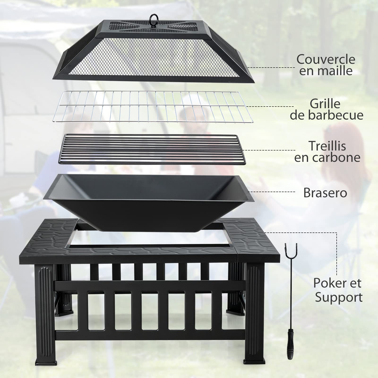 RELAX4LIFE Brasero Extérieur en Fer 3 en 1 avec Couvercle, Brasier avec 6 Trous de Ventilation, Poker et Filet de Barbecue, Brasero avec Sac de Rangement, pour Patio/Jardin/Cour (Modèle 1)