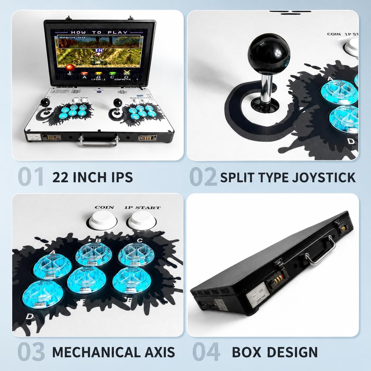 Arcade pieghevole per 4 giocatori con schermo a LED da 22 pollici e joystick Sanwa, 8.000 giochi retrò inclusi