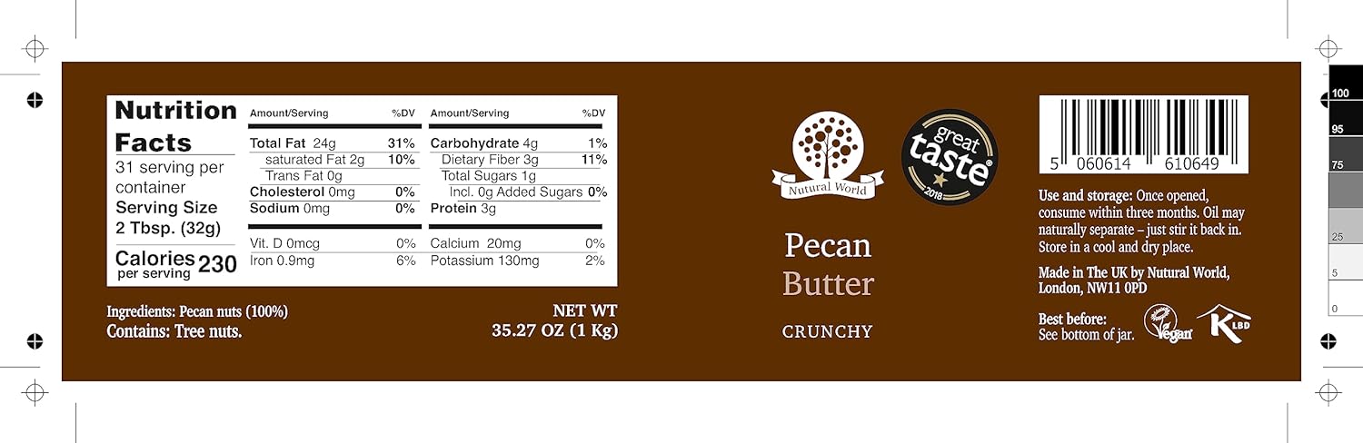Nutural World - Crunchy Pecan Nut Butter 35 Oz (1kg) Great Taste Award winner - Pure 100% single ingredient