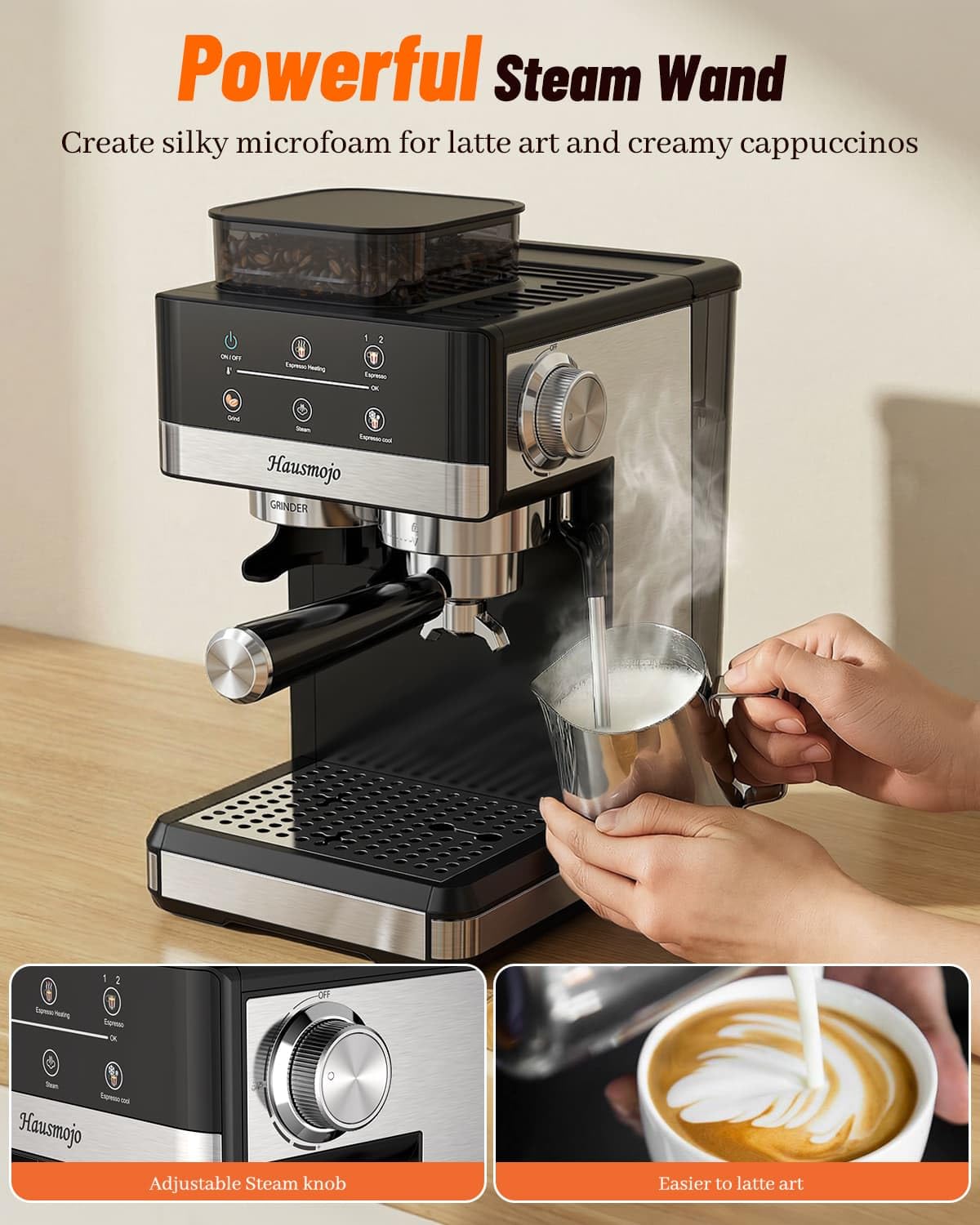 Máquina de café espresso con amoladora, cafetera compacta de 20 barras con espumador de leche, máquina de café profesional para el hogar, control táctil, capuchino y cafetera con leche