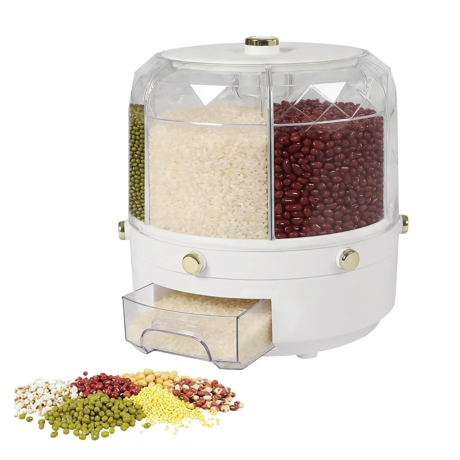 CAIFUGUIHE Rice Food Grain Dispenser, 6 Grids Rice & Grain Storage Container 360° Rotatable Grain Dispenser One-Button Pressing Storage Bucket for Grains Snacks Coffee Beans Pet Food Dispenser(White)