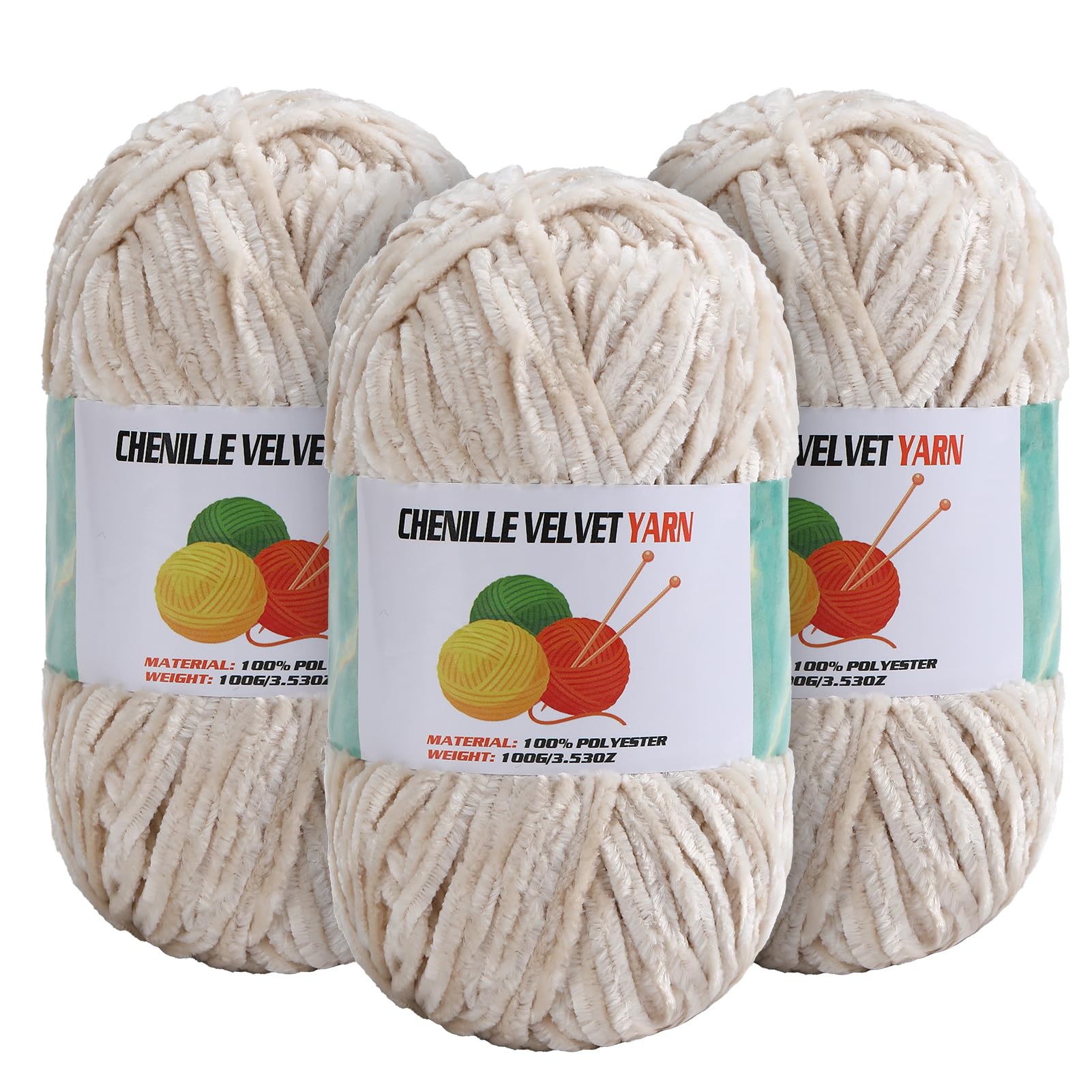 3 * 100g Velvet Chenille Chunky Yarn for Crocheting, Handcrafts Weaving Soft Chenille Yarn for Crocheting Clearance, Used for Making Baby Yarns Blanket, Clothes, Knitting Creations (Milk White)