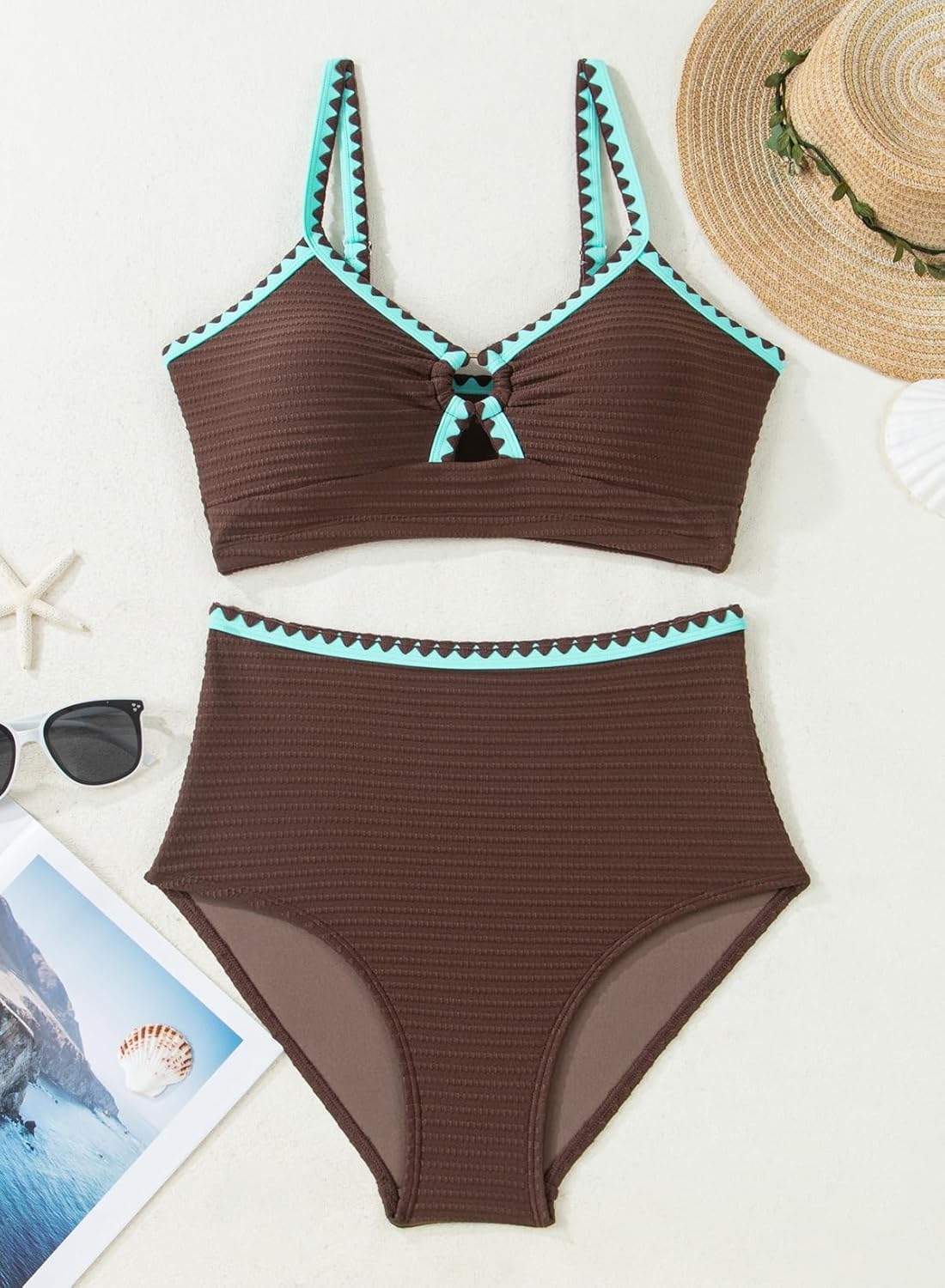 Herseas Women's Textured Bikini Sets O Ring Swimsuits Whip Stitch High Waisted Bathing Suits 2026 Summer Beach Wear - Image 4