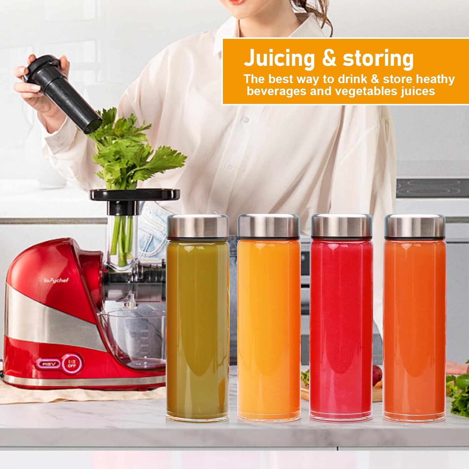 16oz Juice Bottles with Lids,4 Pack Wide Mouth Glass Bottles with Stainless Steel Cap,Reusable Glass Water Bottles for Juicing, Smoothies, Infused Water,Beverage Storage,BPA Free,Leakproof - Image 7