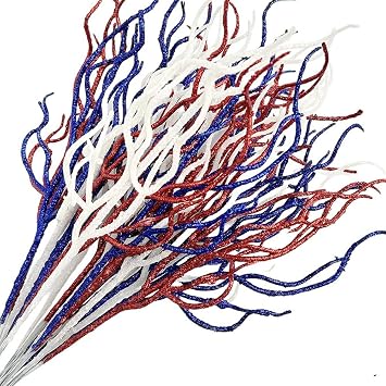 24 Pack Glitter Patriotic Artificial Berry Stem Picks 13.4 Inch Curly Tall Red White and Blue Tree Filler Branches 4th of July Decorations for Vase Filler, Twigs for Holiday Multicolor