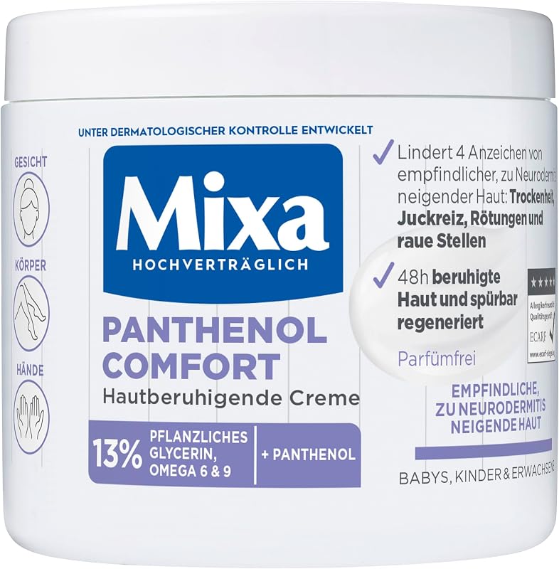 Mixa Panthenol hautberuhigende Creme, mit Panthenol, Pflegecreme für trockene, empfindliche und zu Neurodermitis neigende Haut, Wundheilcreme gegen Rötungen und Juckreiz, Panthenol Comfort, 400 ml