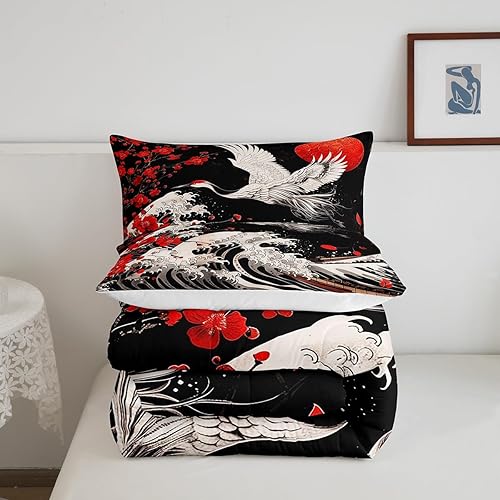 Miniatura 5 de Juego de edredón de estilo japonés para niños, tamaño matrimonial, juego de ropa de cama retro con flores de cerezo japonés Ukiyo-e con olas del