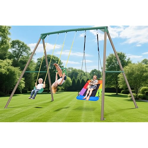 Hapfan 9.5' Tall Swing Sets for Backyard with Platform Swing, Heavy Duty Metal Swingset Outdoor for Kids with Trapeze Bar (Green and Brown)