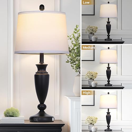Miniatura 2 de Juego de 2 lámparas de mesa negras de 27 pulgadas, con control táctil de 3 vías, con puertos USB A+C, modernas lámparas de noche, elegantes lámparas
