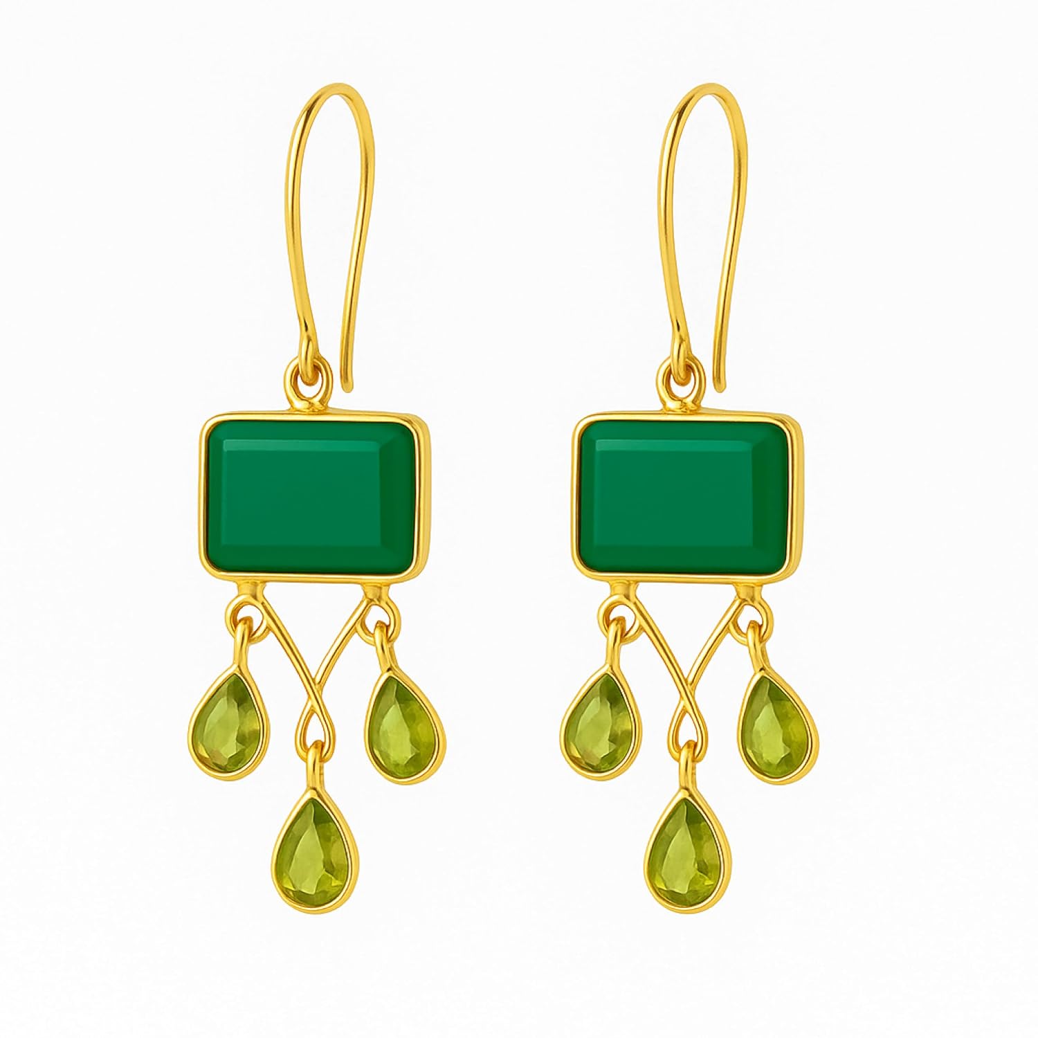 Green Onyx Peridot Gold Dangle Drop Earrings, Black Onyx Pyrite, 925 Sterling Silver, Handmade 18K Gold Plated Jewelry, Natural Gemstone Elegant Daily Wear Gift for Women and Girls