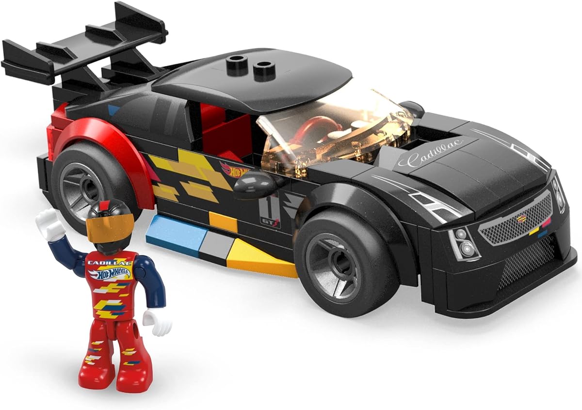 MEGA Hot Wheels Juego de coches de carreras de juguete de construcción, 16 Cadillac ATS-V con 90 piezas, 1 microfigura de acción del conductor, negro, niños a partir de 5 años