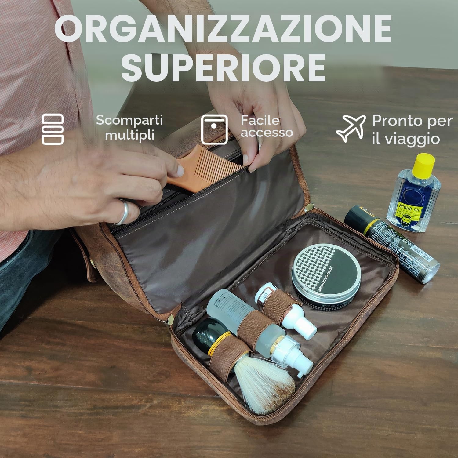 Rustic Town - Borsa da viaggio da uomo, in pelle, per articoli da toeletta