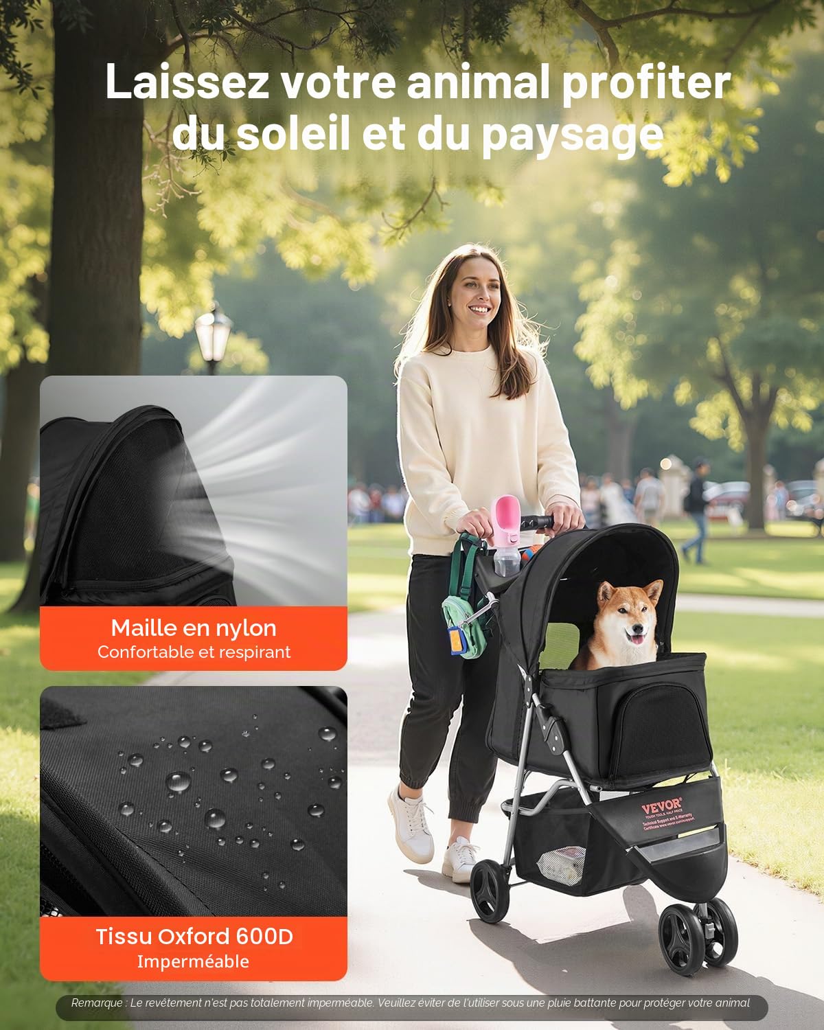 VEVOR Poussette pour Chien Animaux de Compagnie Pliable, Capacité 16 kg, avec 3 Roues et Freins Arrière, Fenêtres en Maille, Porte-gobelets, pour Chats, Animaux de Compagnie Taille Petite Moyenne