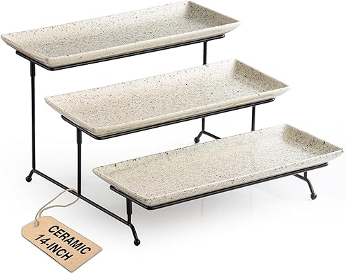 Miniatura 9 de LAUCHUH Bandeja de servir de 3 niveles para fiestas, bandeja escalonada de porcelana para servir plegable, bandeja de metal resistente para frutas