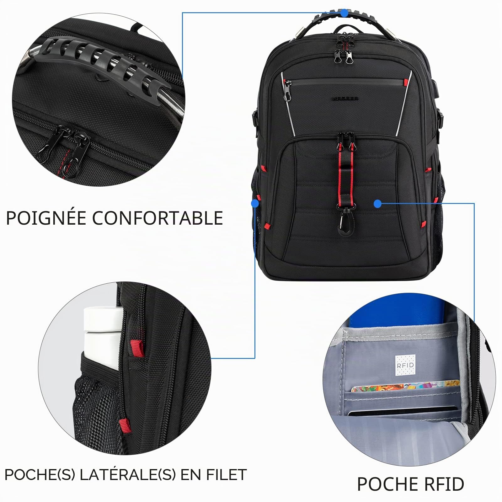 KROSER Grand Sac à dos Homme, 18,4" XXXL, Sac à Dos Ordinateur Portable, avec Poches RFID Port et Imperméable Portable pour/Voyage/Université/Affaires/Collège/Hommes/Femmes Laptop Backpack