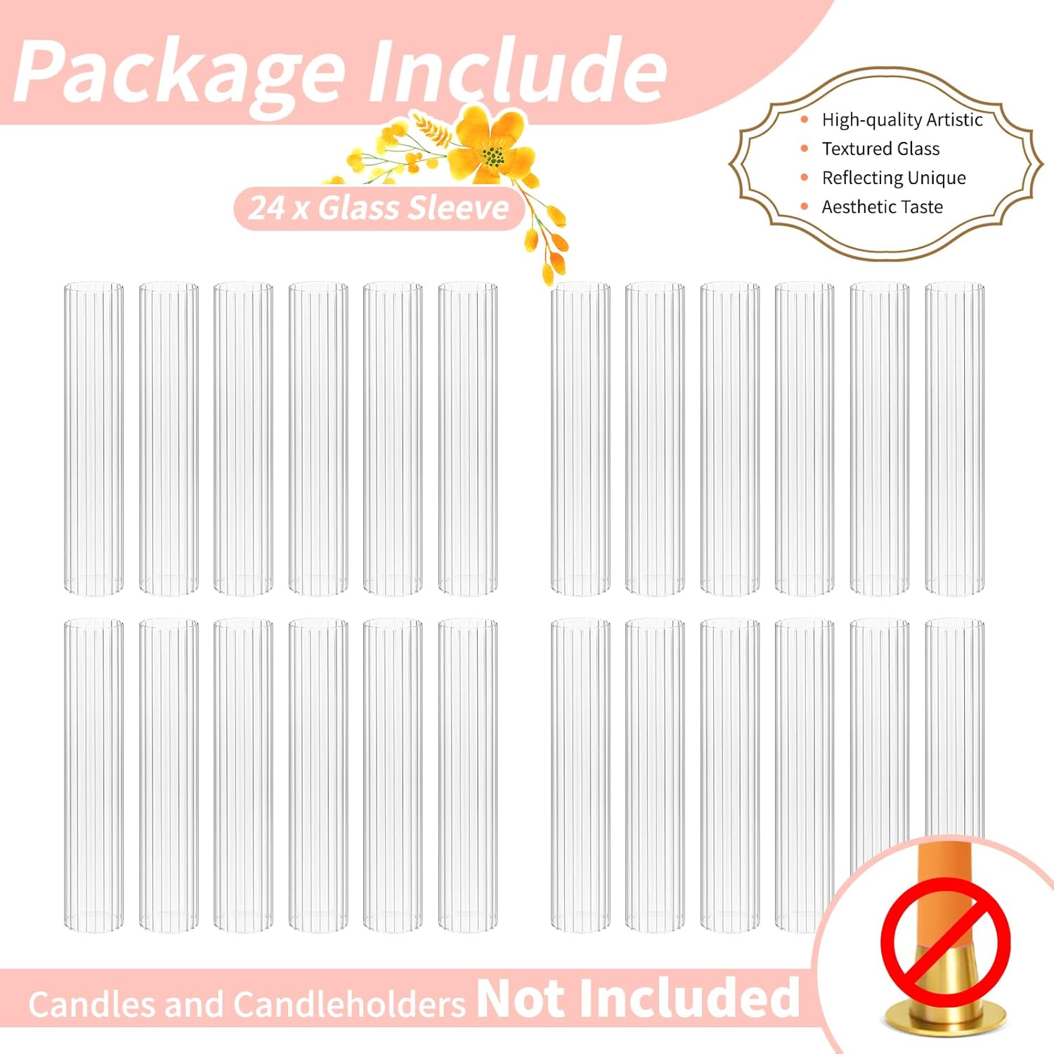 Showgeous 24PCS Hurricane Candle Holder Sleeve,D:2.5"H:14" Open Ended Hurricane Glass Cylinder,Ribbed Clear Glass Cylinder Candle Holder, Hurricane Covers for Centerpieces Wedding Christmas Home Decor