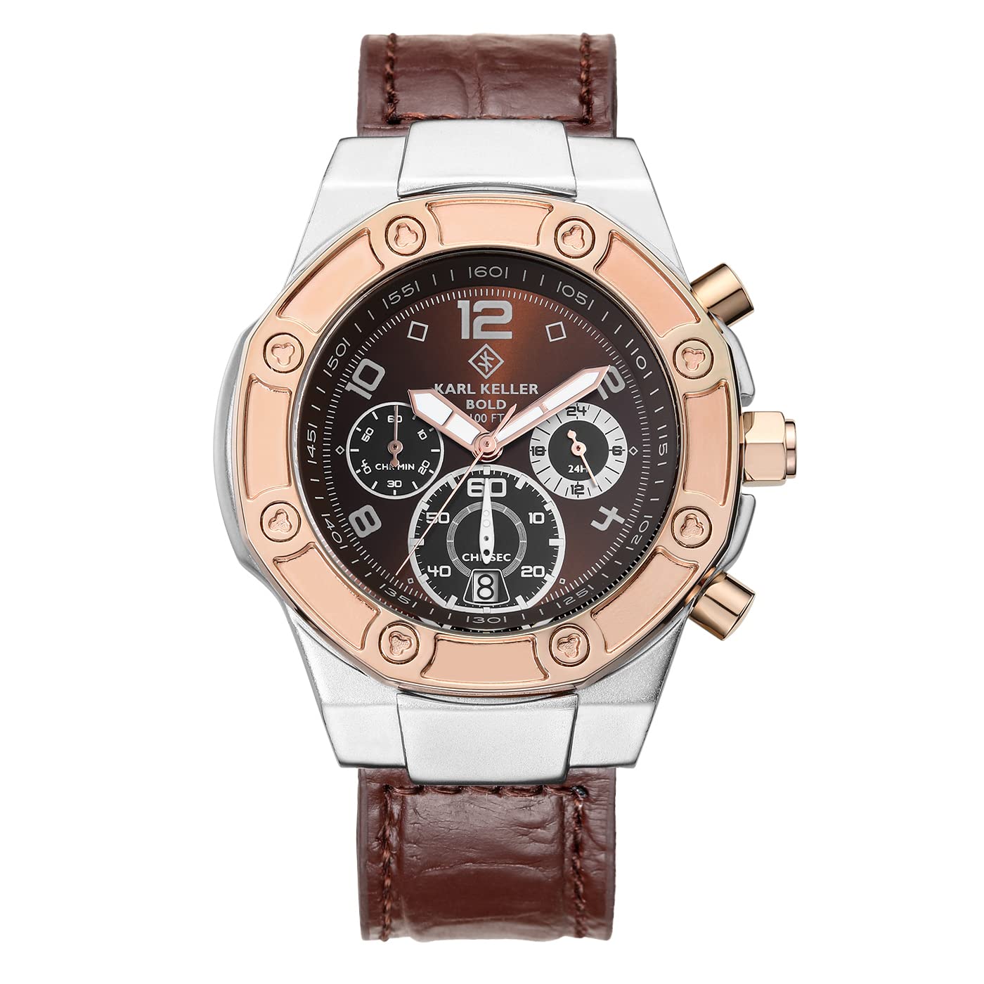 Karl KellerMen Bold, 46Mm, Brown & Rose Gold & Silver - KKNV1205