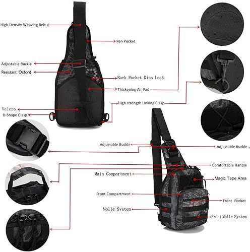 Miniatura 9 de Mochila táctica para el hombro, pequeña, para exteriores, para hombres, viajes, senderismo, camping, mochila para Rover, color negro