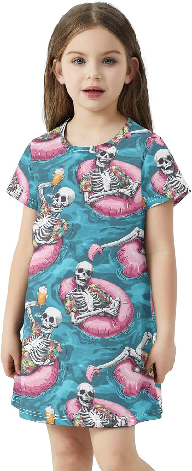 Skeletons Floating Girls Dresses Summer Dresses for Girls with Cotton Short Sleeves for Casual a Line Dress Size2-8Y
