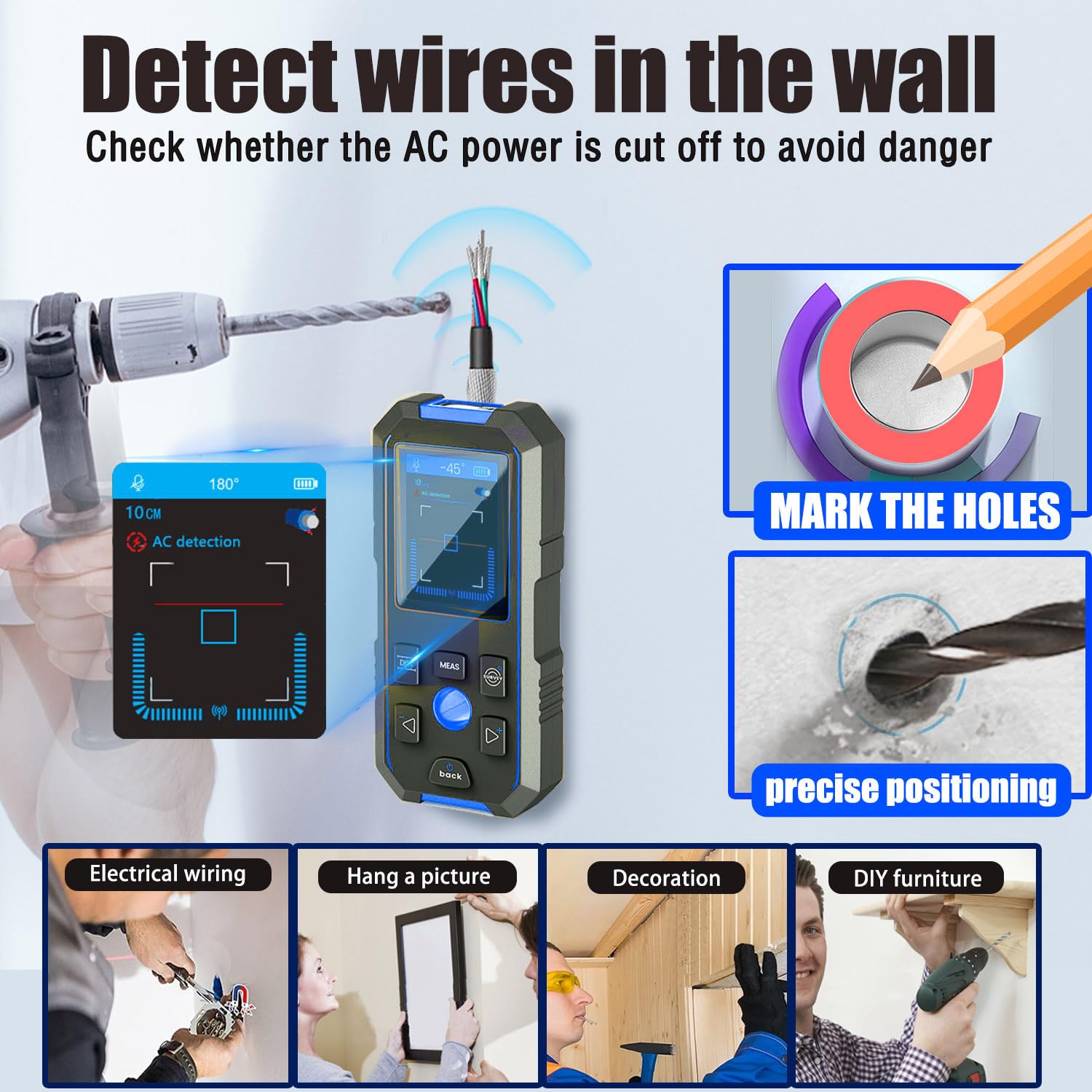 Dispositivo de localización de cables NF-518 Dispositivo de localización profesional Detector Escáner de pared Detector Multipropósito Buscador de pernos,Madera/Metales ferrosos/Pernos/Metales no