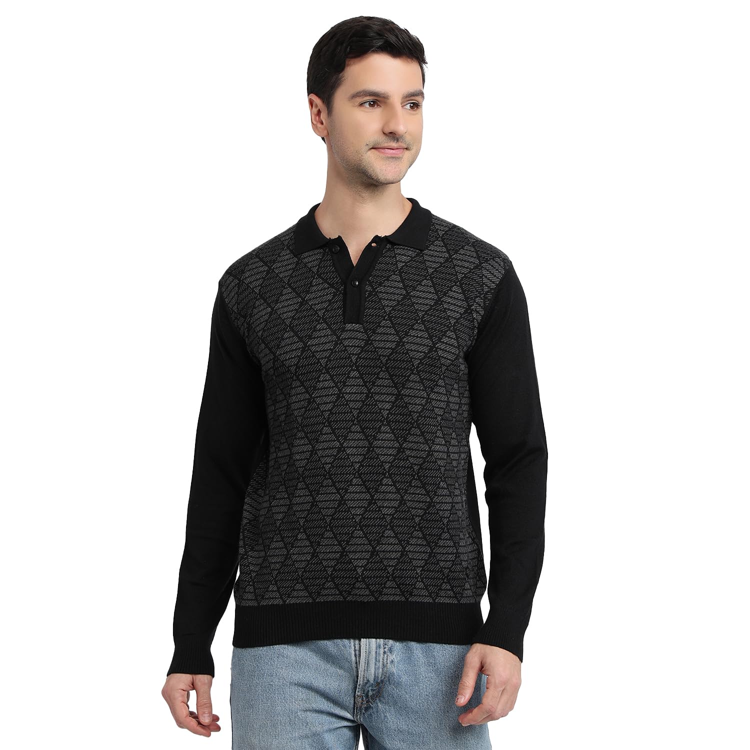 Men Contemporary Fit Argyle Pattern Merino Wool Acrylic Blend Polo Neck Full Sleeve Casual Sweater-image-38
