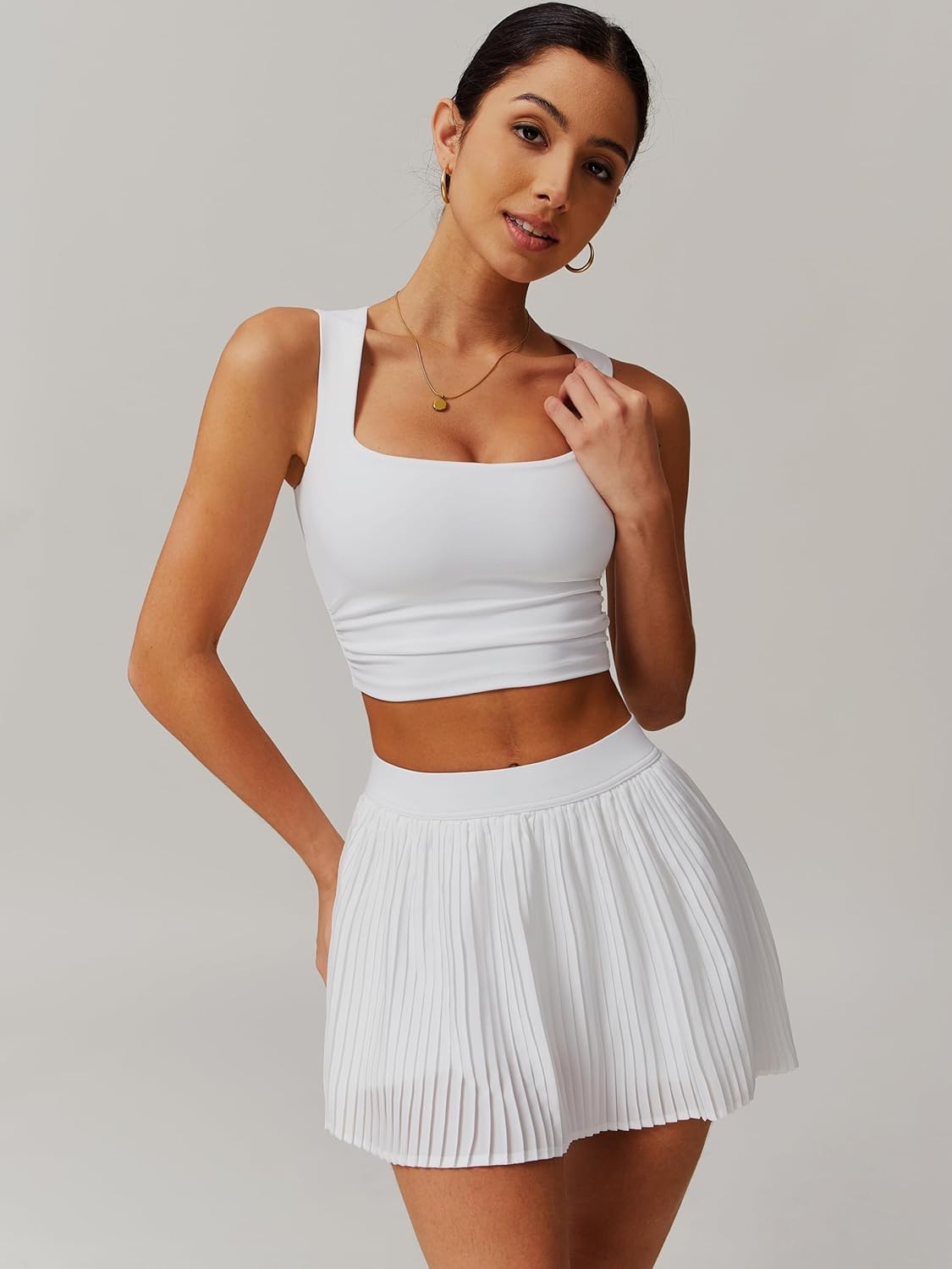BOCIW 2 Piece Tennis Dresses for Women High Waisted Pleated Skirt Sets Square Neck Workout Crop Tank Tops Golf Outfits - Image 3