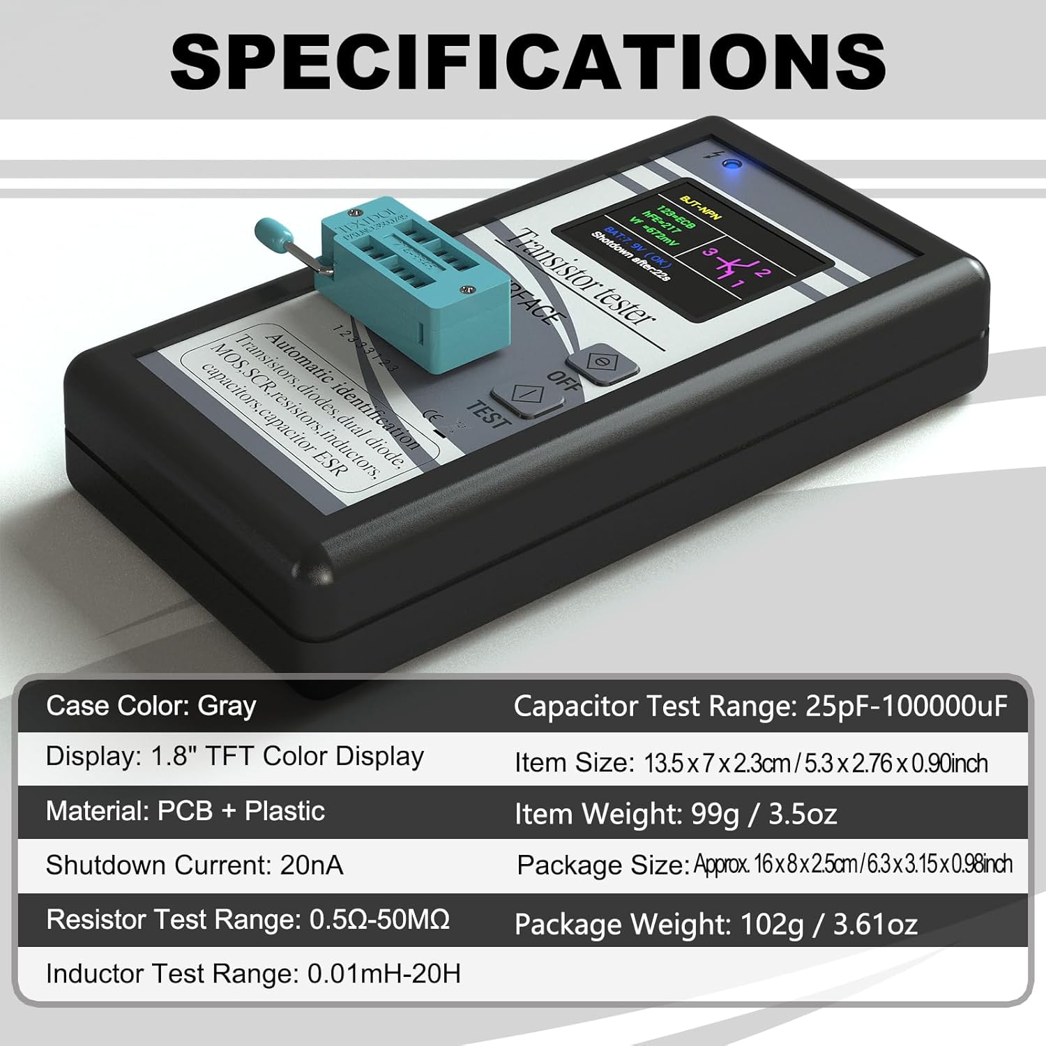 DROK Transistor Tester LCR Meter, Mosfet Transistor Capacitor Tester, Mega328 NPN PNP Transistor Diode Resistor Inductor Capacitance MOS SCR ESR Meter Automatic Checker Detector