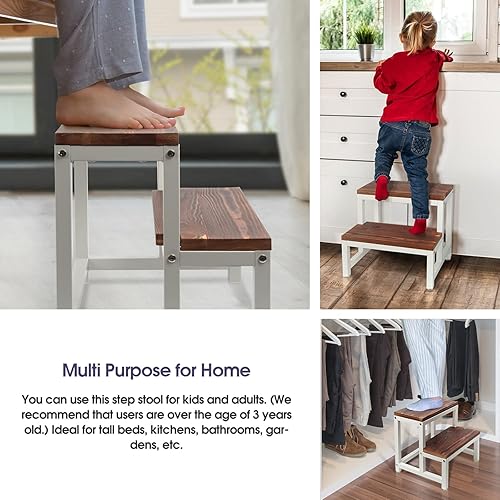 Miniatura 6 de JACKCUBE - Taburete de diseño para adultos y niños, taburete de cama alto de madera maciza de 2 escalones, taburete de cama de 500 libras de