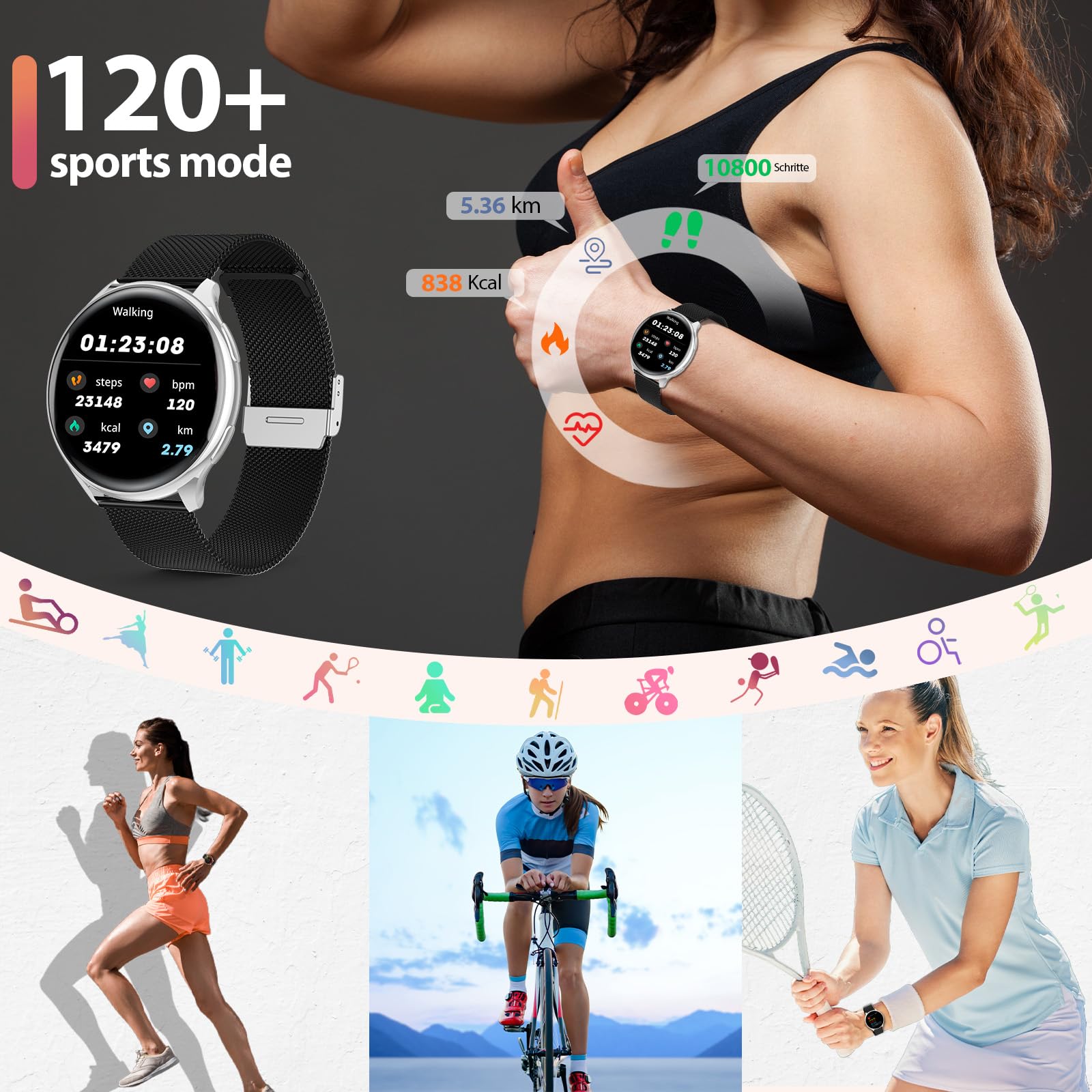 QEYUMYEU 2025 Smartwatch Donna con ET/HRV/SIRI - 1.39" TFT Orologio con Chiamate, 24H Sonno Cardiofrequenzimetro, SpO2, Ciclo Mestruale, IP68, Monitoraggio Fitness, per Android & iOS (Schwarz silber)