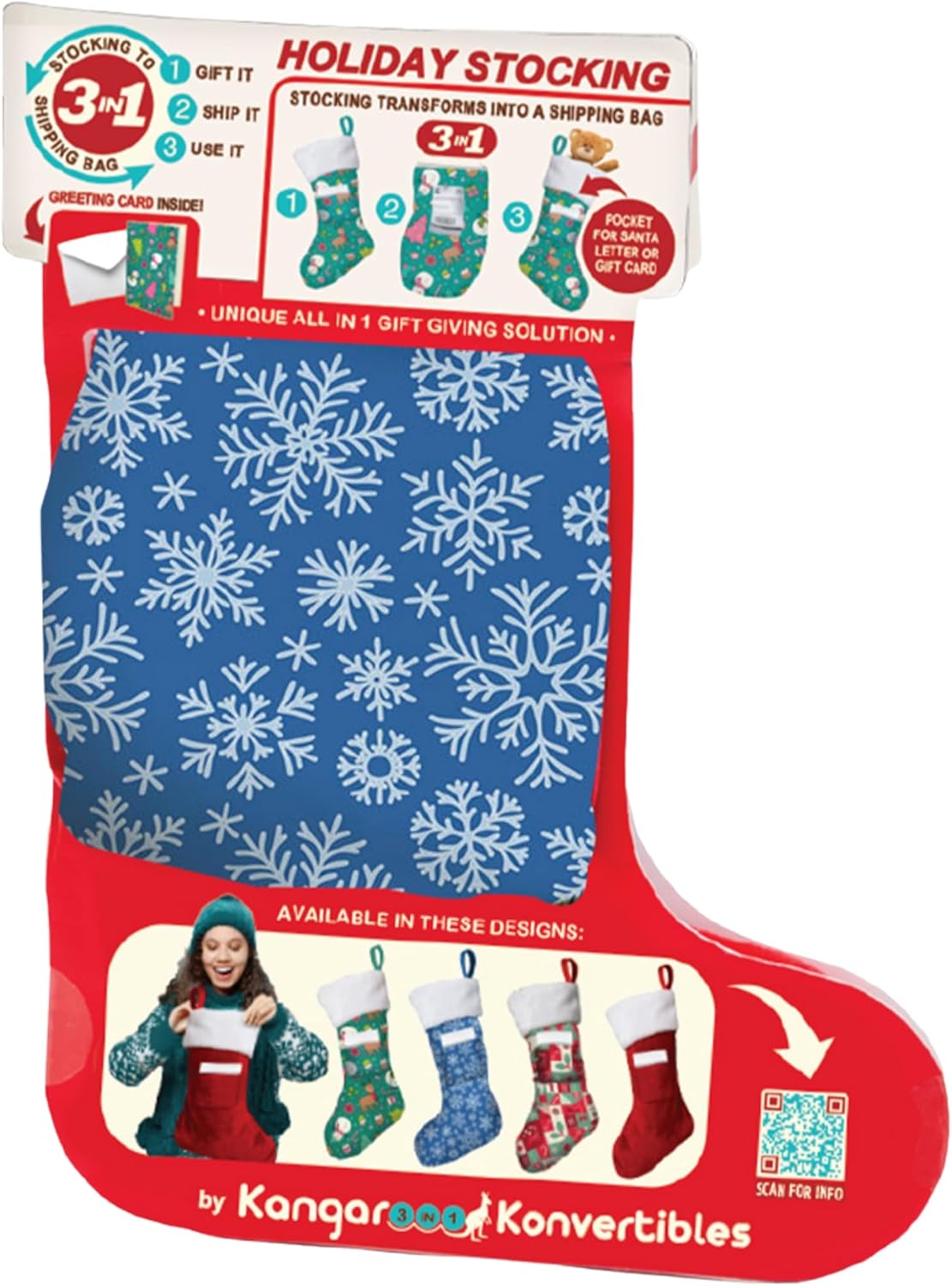 Kangarooo Konvertibles 3-in-1 Large Christmas Stocking - Starts as Gift Bag, Reverses Into Premium Blue Xmas Stocking, Holiday Card Included - Holiday Decor, Christmas Gift Bag, Xmas Card, Plush