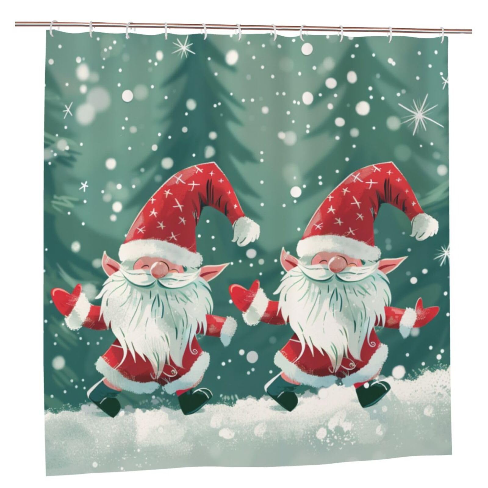 BWWHCCTI Xmas Funny Gnome Printed Shower Curtain With 12 Plastic Hooks Opaque Quick Drying Waterproof Shower Curtains Sets For Bathroom 183x183 CM