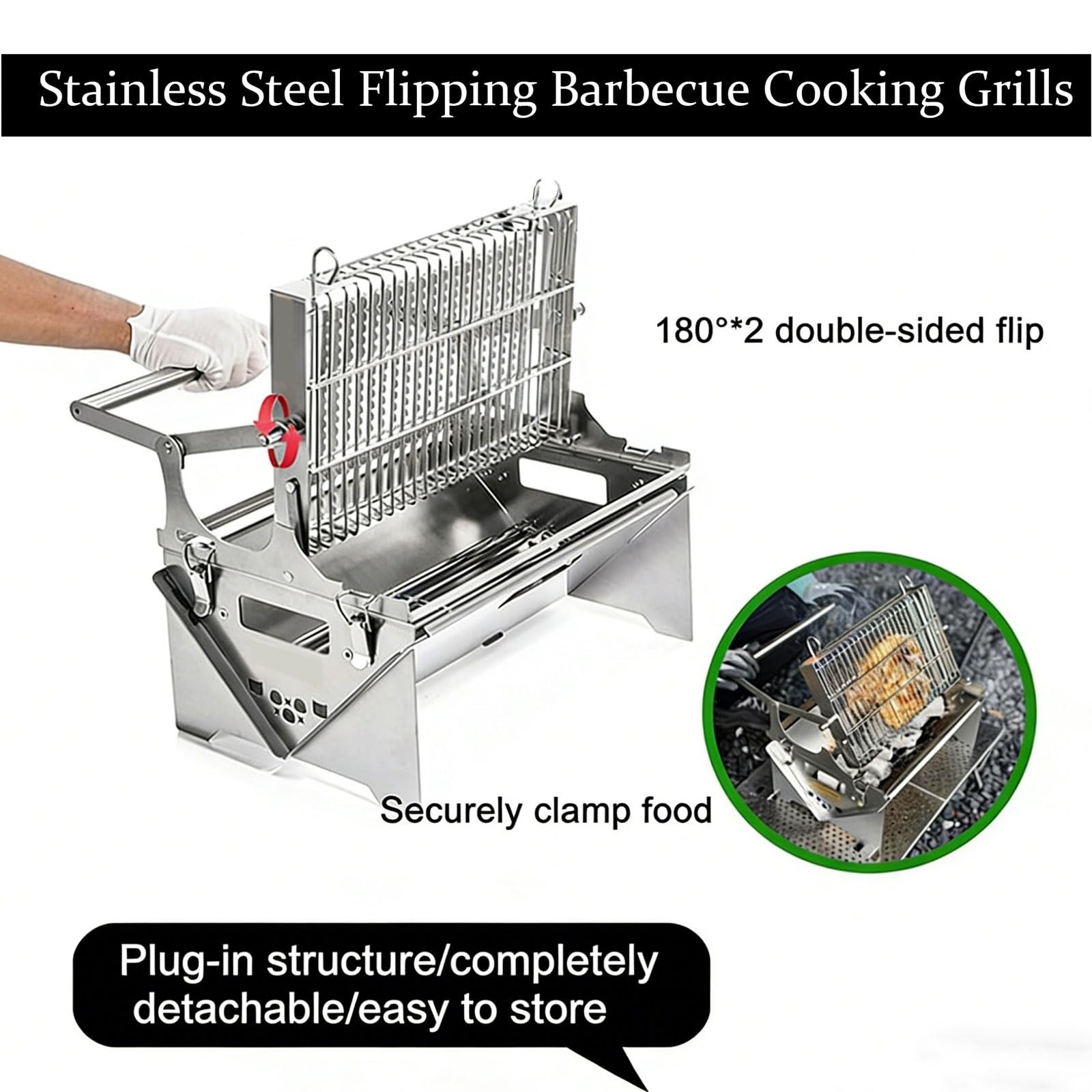 Barbecue a carbonella, portatile, girevole a 360°, in acciaio inox, pieghevole, rimovibile, per picnic all'aperto e riunioni in giardino