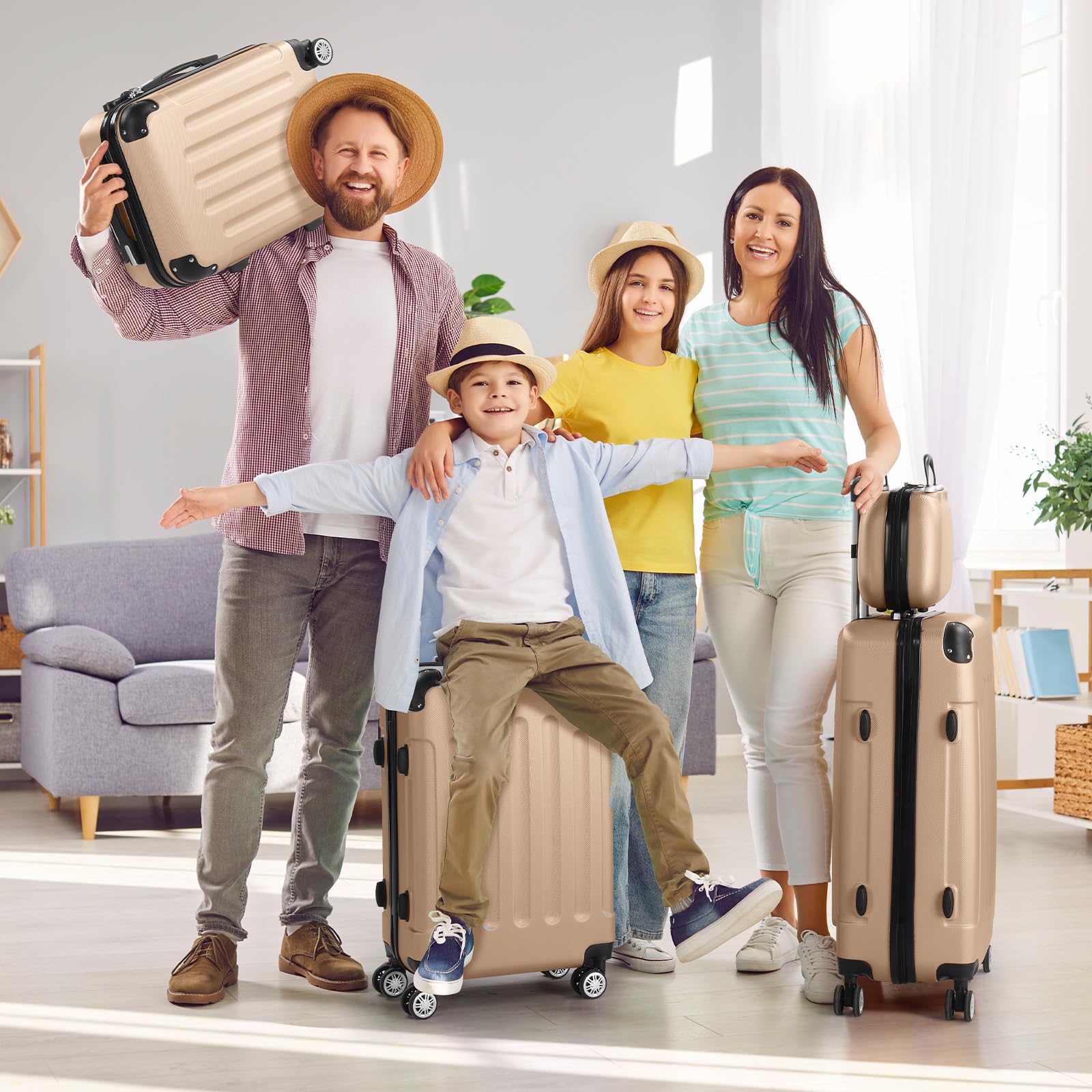 Bonnlo Set de 4 Valises avec Vanity Case，Valises de Voyage, Set Valise ABS avec Les Coins Renforcé et roulettes Pivotantes 360°, Champagne