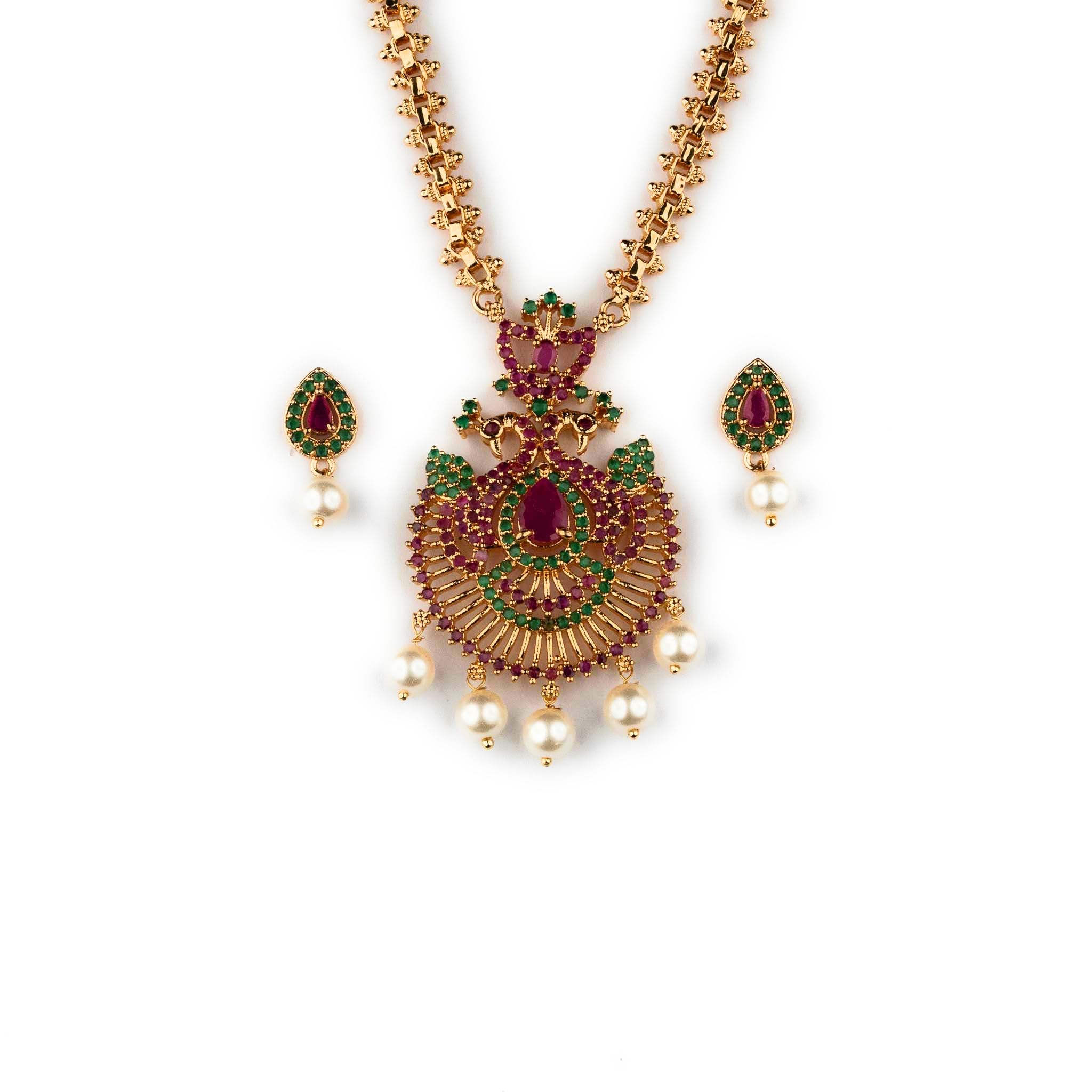 Micro Gold Plated 2-Side Gajiri Chain Necklace Set with Center Pear Stone Peacock Pendant and Pearl Drops-image-15