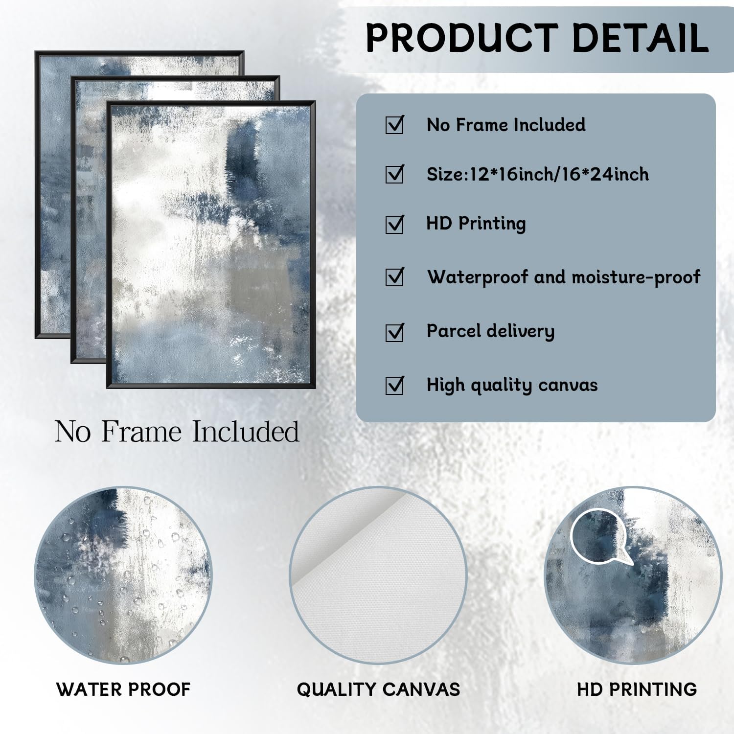 Blue And White Abstract Canvas Wall Art Set of 3, Navy Hand Graffiti Posters Prints, Minimalist Neutral Blue Printing for Living Room Bedroom Bathroom Office Decor 16X24 inch Unframed