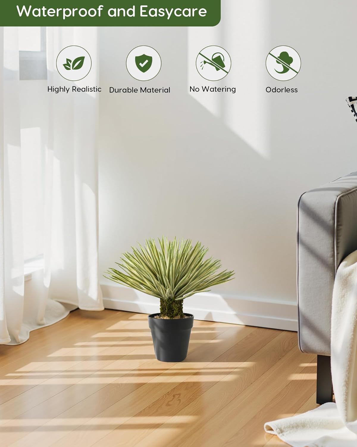 Size 15 Velener Artificial Agave Plant in Black Pot with Real Stone Pebbles, Large Fake Plants with Fake Green Moss, Faux Yucca with Long Sword-Shaped Leaves for Indoor/Outdoor-15 Inches, 180 Leaves