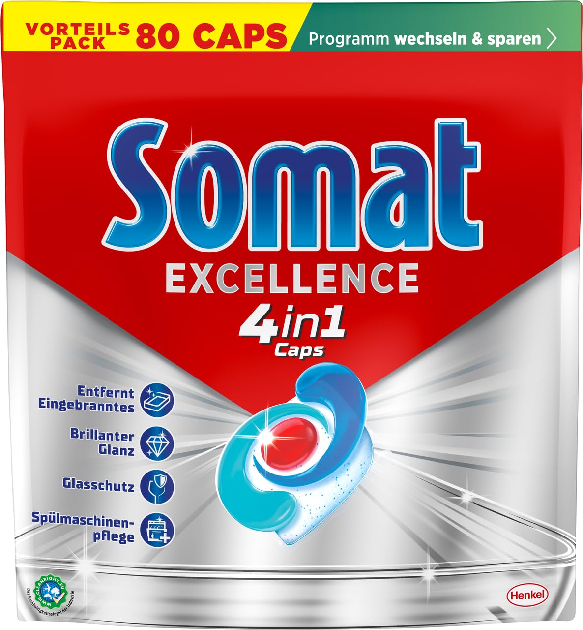 Somat Excellence 4in1 Caps, 160 Caps (2 x 80 Caps), schnellauflösende Spülmaschinentabs, Caps für exzellente Reinigung & Glanz sogar im Eco-Programm & bei niedrigen Temperaturen