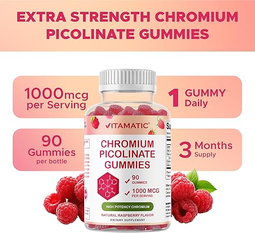 Vista 6 de Vitamatic Chromium Picolinate 1000 mcg - 90 Gummies - High Potency Chromium - Raspberry Flavor (Total 180 Gummies) 2 Packs