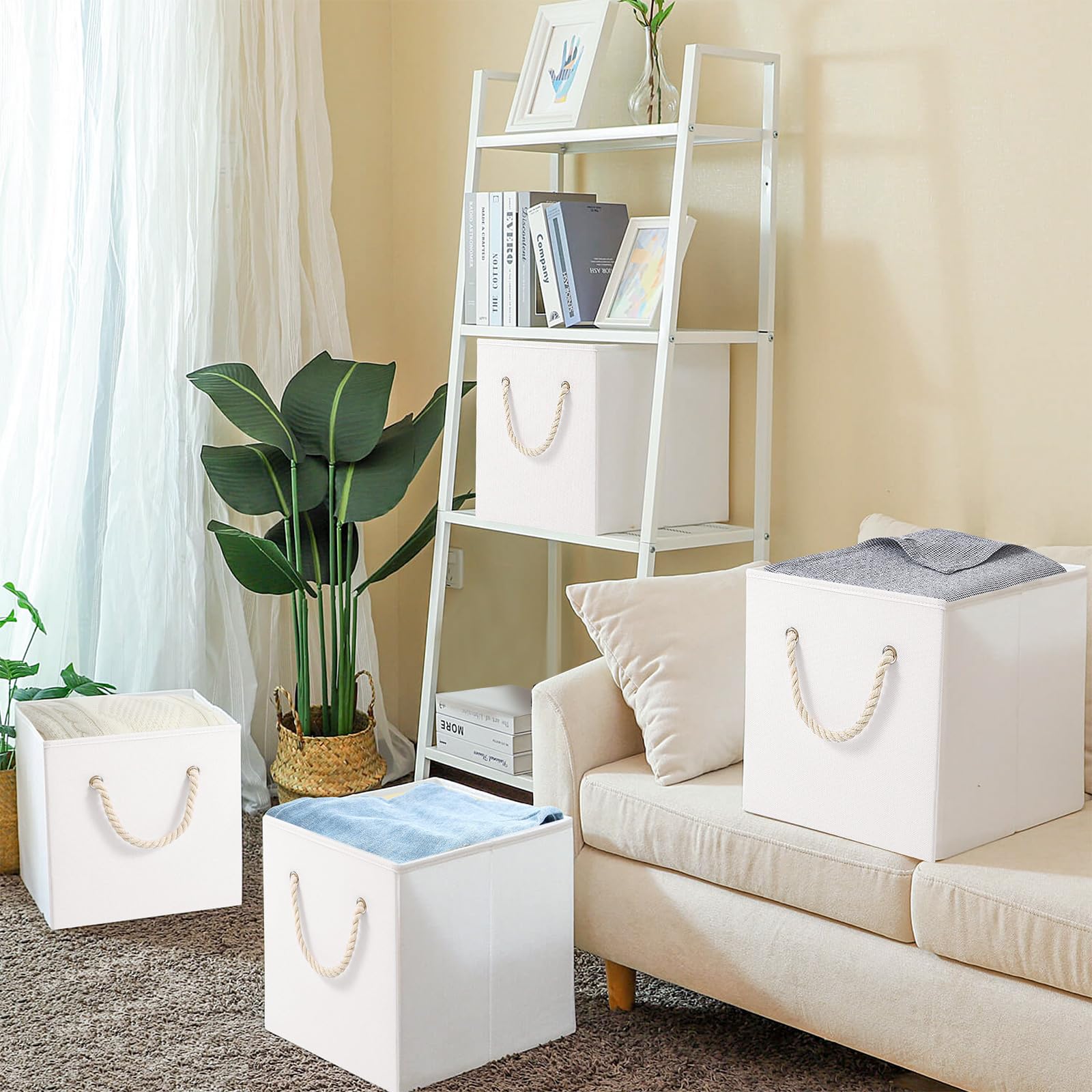 Yawinhe 4 Set Cubi Portaoggetti Scaffale,33x33x33cm Organizzazione,Bianco | Contenitori in Tessuto con Manico;Organizzatori per Armadio;Scatole Portaoggetti Pieghevoli,per Conservare Vestiti