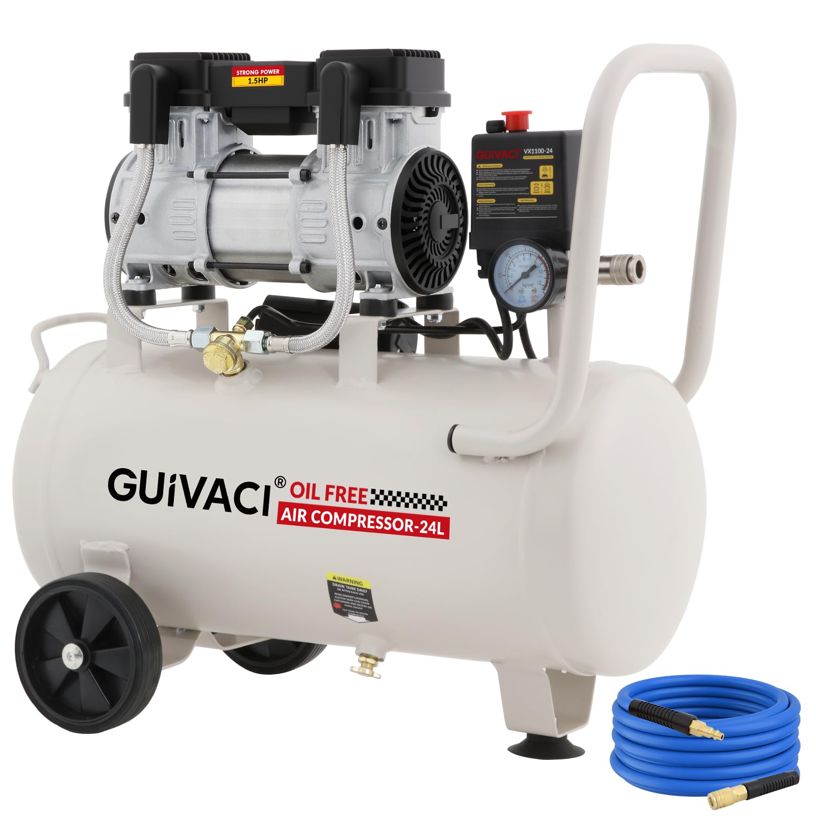 Flüsterkompressor 24L Ölfrei – 1100W (1.5PS), max. 8 Bar, 190L/min, 60dB, mit 10m Luftschlauch, Für Werkstatt, Auto und Lackierung