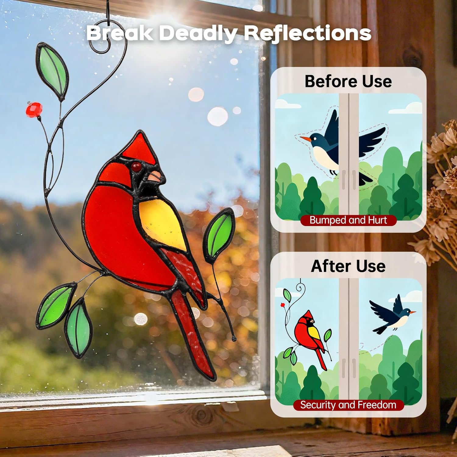Cardinal Stained Glass Window Hanging for Women's Day Gift, IDEA SHOW Red Cardinal Suncatcher, Real Glass Window Hanging Ornament, Handmade Bird Home Decor Memorial Gift for Women, Mom, Bird Lover - Image 4