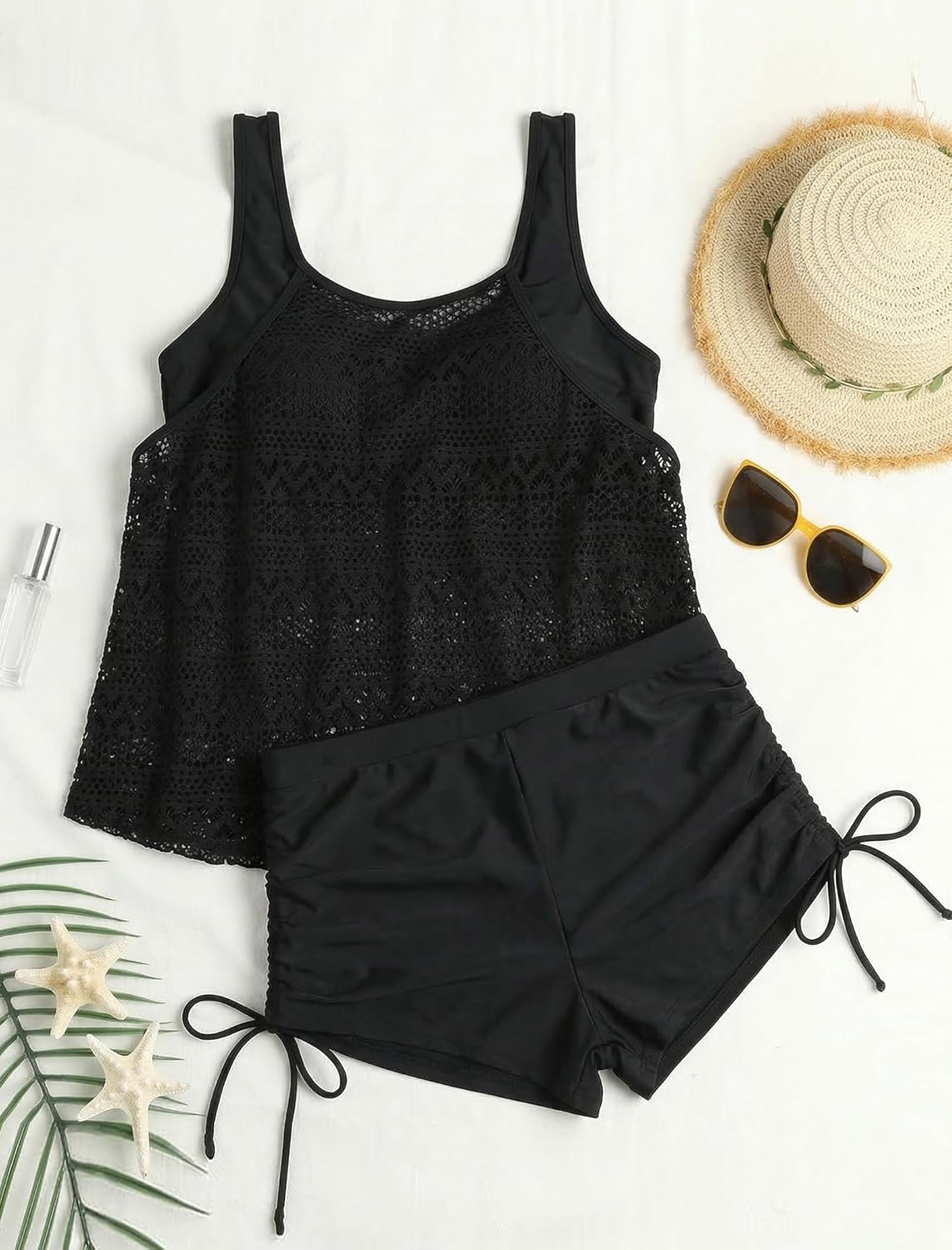 ZAFUL Womens Plus Size Swimsuits Crochet Tankini Sets with Drawstring Shorts High Waisted Tummy Control Swimwear